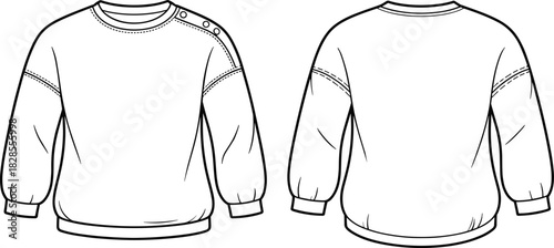 Baby sweatshirt technical flat with shoulder snaps – toddler pullover sweater CAD front and back views for kidswear design