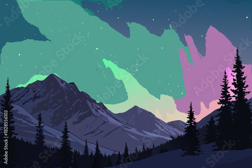 Stunning Landscape Aurora Night Sky Over Snow Mount Creative Visual