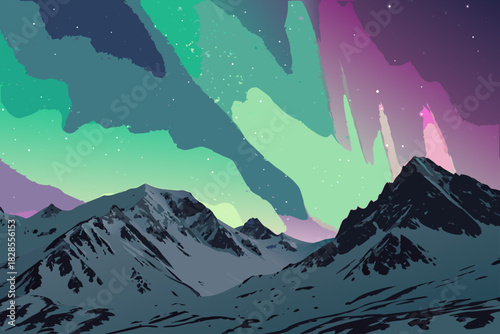 Elegant Landscape Aurora Night Sky Over Snow Mount Professional Photo