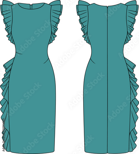 Back and front view elegant ruffle midi dress flat sketch, women’s fashion technical drawing, apparel cad template, sewing illustration