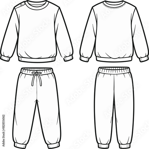 Baby tracksuit set, sweatshirt and joggers front back view, kids fashion flat sketch, cozy outfit vector, technical drawing, cad