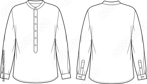 Band collar shirt technical flat sketch, front back shirt vector, placket design, fashion cad drawing, menswear long sleeve apparel