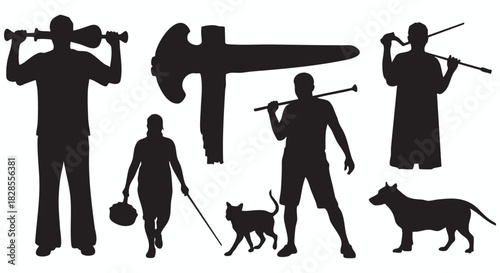 A diverse collection of black vector silhouettes isolated on a white background. Set includes people with poles, a blind person with a cane, a walking cat, a standing dog, and abstract shapes.