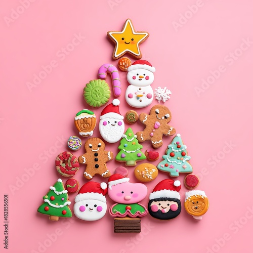 Pink Background Christmas Cookie Christmas Tree Holiday Creative Decor Material
