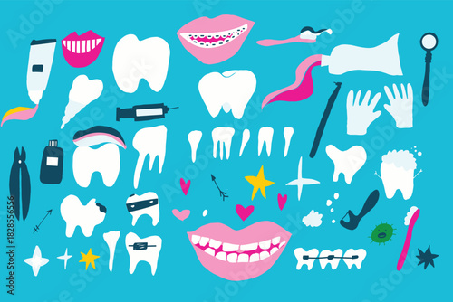 dental vector set featuring hand-drawn teeth, toothbrushes, toothpaste, smiles, dental tools, gloves, stars, germs, and cute character elements. Perfect for kids’ dental activity sheets