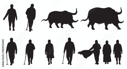 Conceptual Vector Silhouettes Diverse Human Figures and Animal Forms for Creative Design. Elderly People with Canes, Robust Yaks, and a Matador, Ideal for Abstract Graphic Art and Digital Illustration
