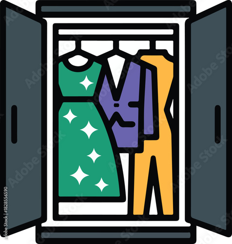 Open wardrobe vector icon with hanging clothes including a green dress purple jacket and yellow jumpsuit