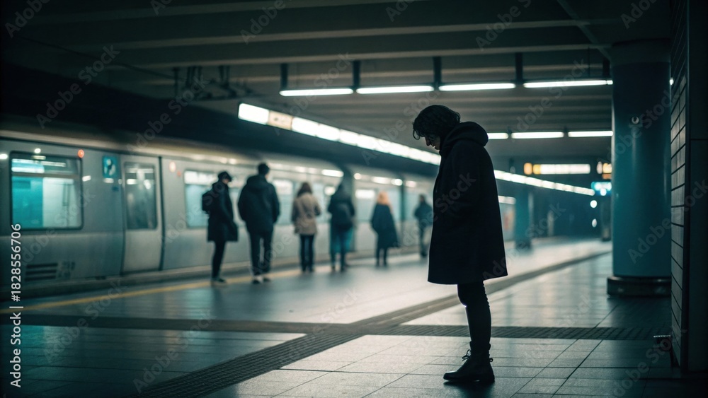 Fototapeta premium Pensive commuter waits for train in subway station