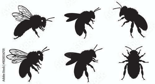 A versatile graphic collection presenting various bee silhouettes in dynamic poses, showcasing flight and resting forms, ideal for nature-themed designs, ecological illustrations, and educational cont
