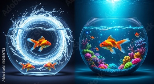 Fototapeta Naklejka Na Ścianę i Meble -  Two goldfish bowls with water and fish one with a portal effect and the other with coral reefs