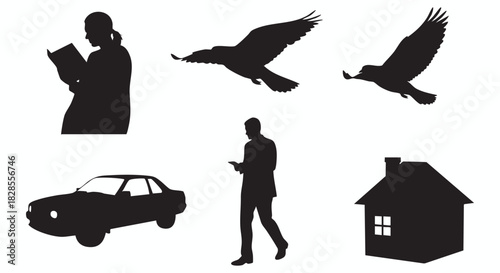 Silhouette Collection Reader, Flying Eagles, Car, Man with Phone, and House - Versatile Vector Illustrations