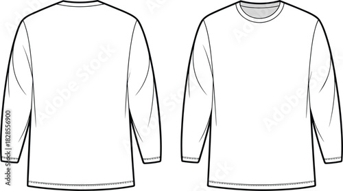 Basic round neck long sleeve t-shirt flat sketch, front and back view, casual fashion CAD drawing, vector apparel illustration