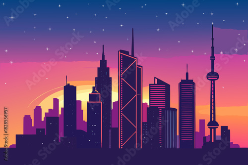 Dynamic Landscape Neon Cityscape Silhouettes Premium Digital Asset