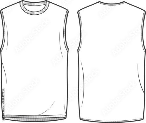 Basic sleeveless tank top flat sketch, men’s muscle shirt fashion template, crew neck technical drawing, cad vector garment illustration