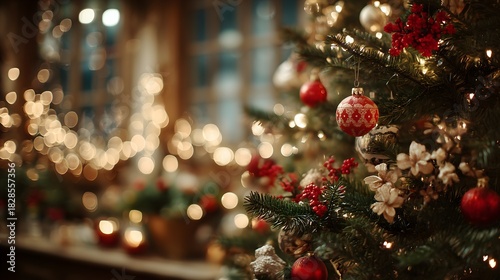 Softly glowing Christmas tree adorned with ornaments in a warm, inviting holiday setting during winter evenings