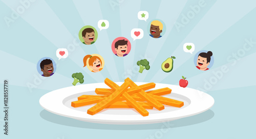 Delightful animated scene of multiple diverse characters enjoying a plate of