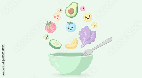 playful cartoon depiction of smiling food characters and fresh vegetables in a