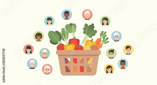 Diverse Group of People Surrounding a Basket Filled with Fresh Vegetables and