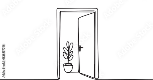 A single continuous line drawing of an open door with a potted plant.