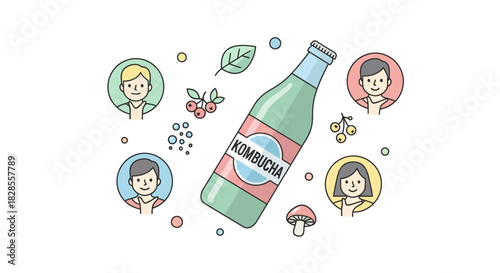 Illustration of Probiotic Kombucha Beverage with Fruit and Plant Elements for