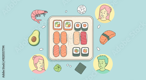 Playful Illustration of Sushi Pieces with Diverse Characters and Food Elements