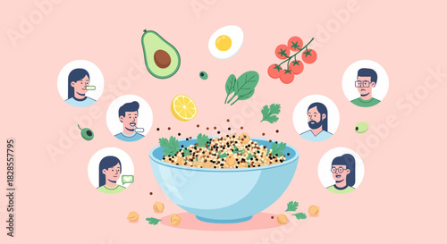 Healthy Breakfast with Avocado Tomato Spinach Lemon and Diverse People