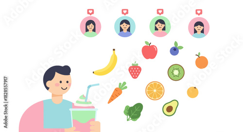 Modern digital diet planning concept with diverse healthy fruit and vegetable