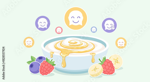 Cheerful yogurt bowl with mixed berries and happy smiling faces representing