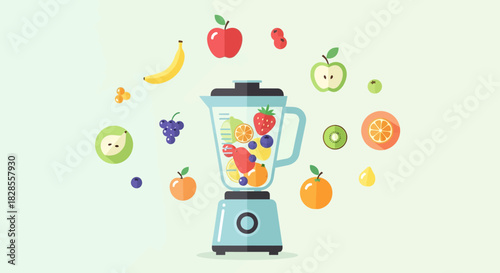 Vibrant Collection of Fresh Fruits and Vegetables Blended in a Modern Blender