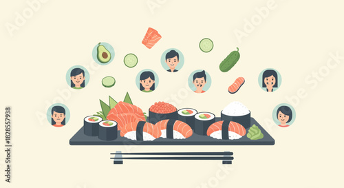Diverse group of people experiencing communal enjoyment with sushi meal and