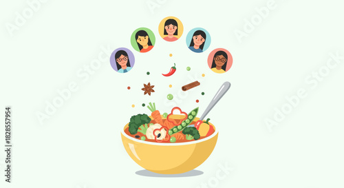 Colorful Illustration of Diverse Women Sharing a Healthy Vegetable Soup Bowl