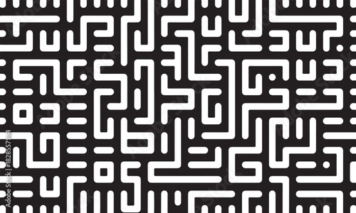 Seamless Maze Pattern Vector Background with Black Rounded Lines and Checkered Shadow Texture in Geometric Style and Unique Design for Web