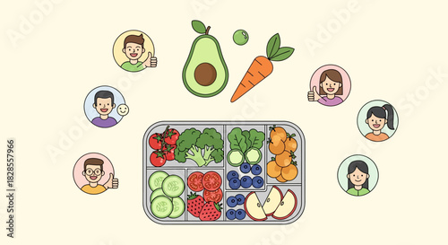 colorful healthy food selection with fresh fruits and vegetables and smiling