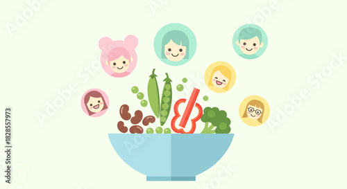 playful digital illustration of faces and vegetables in a bowl representing