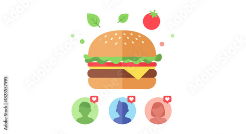 Delicious cheeseburger with fresh vegetables and social media engagement icons