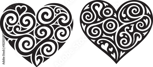 Swirling Ornamental Heart Shape Collection with Abstract Floral Art Decoration for Greeting Cards Template Isolated on Transparent Backdrop