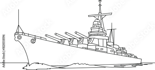 Battleship cruising on ocean, large warship, naval vessel with cannons, military ship, powerful battleship, sea defense, navy fleet, maritime security