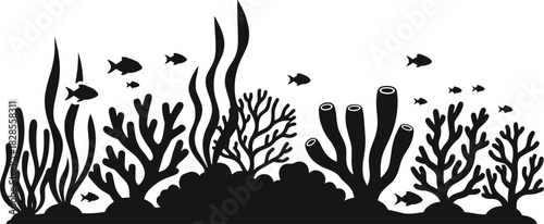 Wide black silhouette border illustrating a healthy coral reef and seaweed ecosystem, featuring various forms of coral and small fish, ideal for marine biology and nature backgrounds