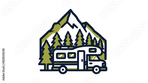 A stylized icon of a recreational vehicle parked in a pine forest at the base of a mountain range.