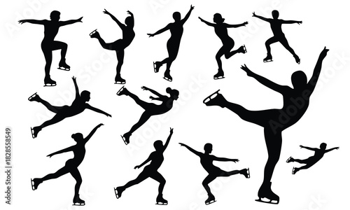 Figure Skater Poses: Black Silhouettes Collection, Ice Skater Black Silhouette Vector Set, Collection of Figure Skating Poses Silhouettes, silhouette, vector, illustration.