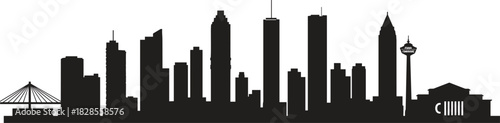 Wide, detailed black silhouette of a major North American city skyline, featuring a blend of modern skyscrapers and iconic architecture, symbolizing urban development, business, and metropolitan areas