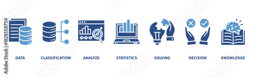 Data Science banner web vector illustration concept with icons of analysis, structure, algorithm, process, programming, solving, and knowledge