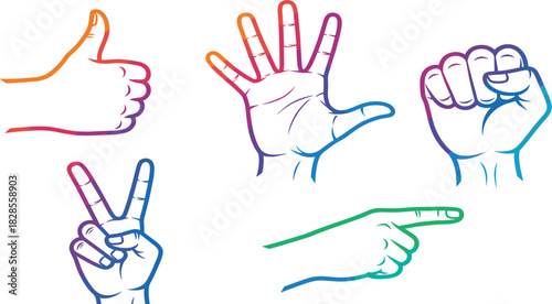 Rainbow outline hand gestures vector set thumbs up peace fist open palm pointing communication diversity