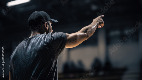 With focused determination, a muscular coach wea a cap points towards the field, instructing his team du a training session under bright indoor lights.
