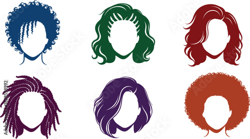 Diverse female hair styles vector set afro curls dreadlocks braids wavy hair beauty salon avatar