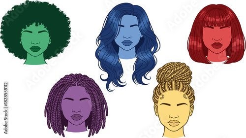 Diverse women hairstyles vector set colorful portraits natural afro braids wavy hair beauty diversity salon concept