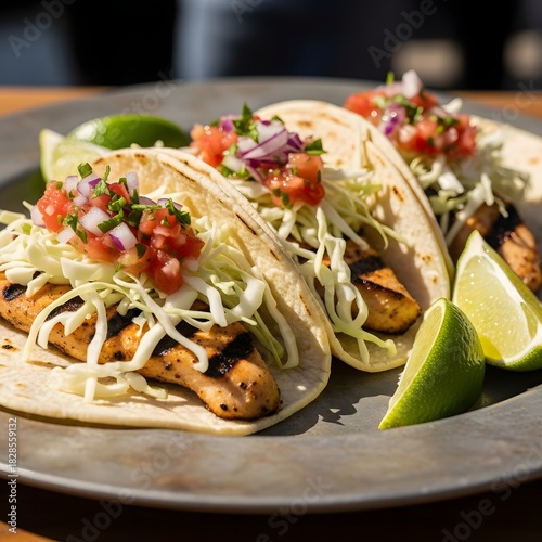 Delicious fish tacos with fresh toppings and lime wedges on plate