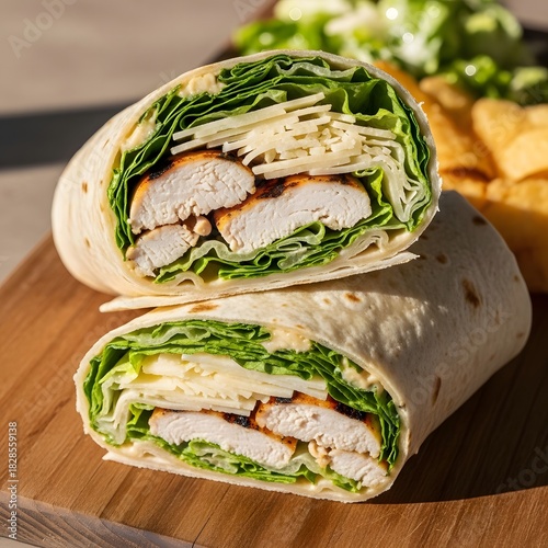 Delicious chicken caesar wrap cut in half on wooden board