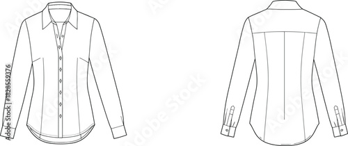 Women's button-up shirt technical flat sketch, front and back view, long sleeve, pointed collar, tailored fit, fashion illustration, garment construction, vector drawing