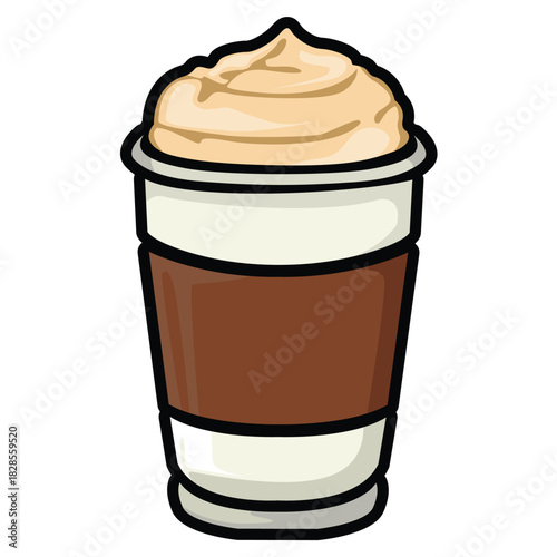 A set of hand drawn coffee drink illustrations featuring various café beverages such as latte, cappuccino, mocha, matcha, frappe, and creamy dessert drinks. Each cup is illustrated in a cute cartoon